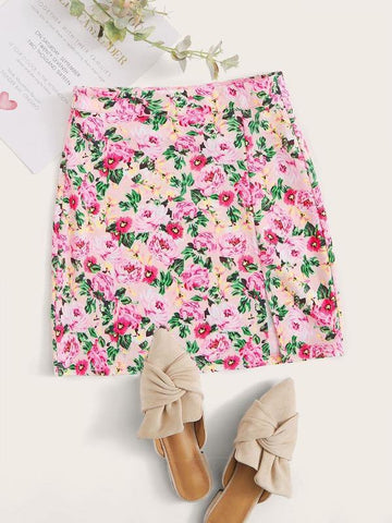 Zipper Side Split Hem Floral Skirt - takostyle