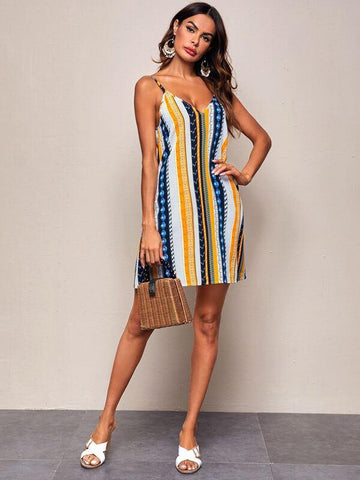 Double V-neck Tribal Print Slip Dress - takostyle