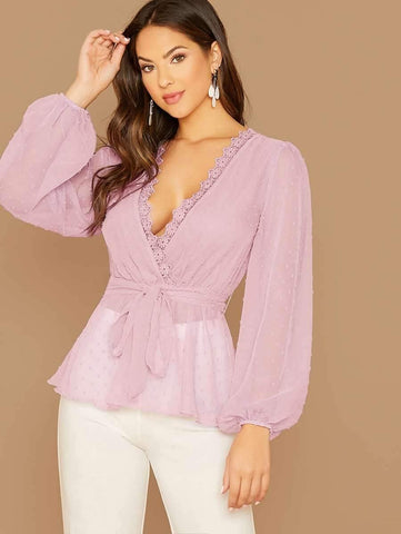 Embroidered Mesh Trim Self Belted Wrap Swiss Dot Top - takostyle