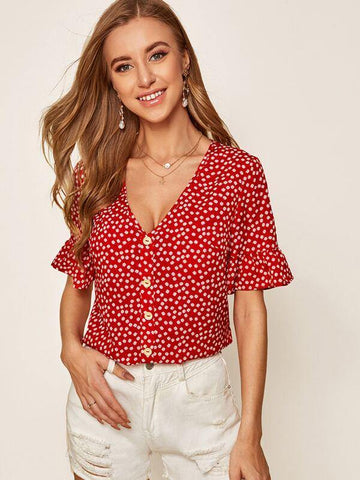 Ditsy Floral Print Flounce Sleeve Button Front Top - takostyle