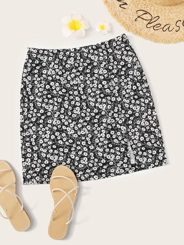 Split Hem Ditsy Floral Skirt - takostyle