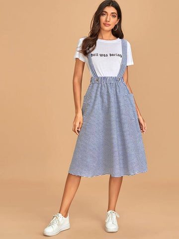 Striped High Waist Pinafore Skirt - takostyle