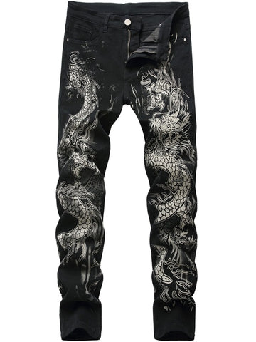 Men Dragon Print Zip Fly Skinny Jeans