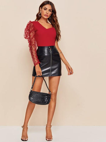 Asymmetrical Neck Polka Dot Flocked Mesh Gigot Sleeve Top - takostyle