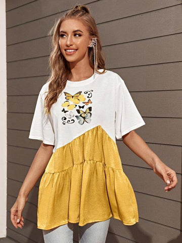 Butterfly Print Colorblock Smock Tee - takostyle