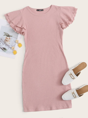 Two Layer Ruffle Sleeve Rib-knit Dress