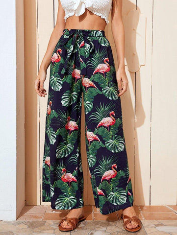 Tropical Print Belted Wide Leg Pants - takostyle