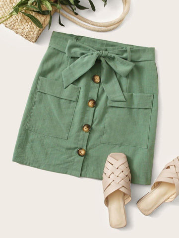 Button Front Self Tie Straight Skirt - takostyle