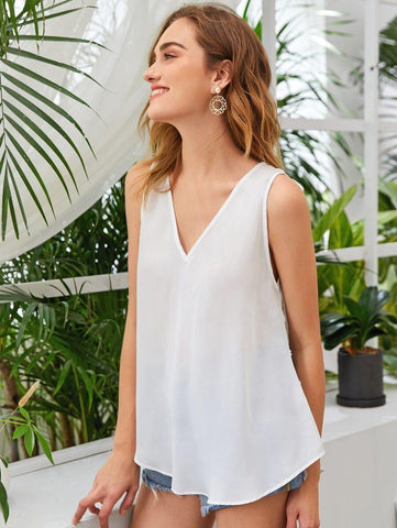 V-neck Curved Hem Swiss Dot Chiffon Back Top - takostyle