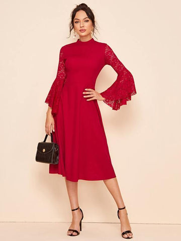 Mock-neck Lace Trumpet Sleeve Dress - takostyle