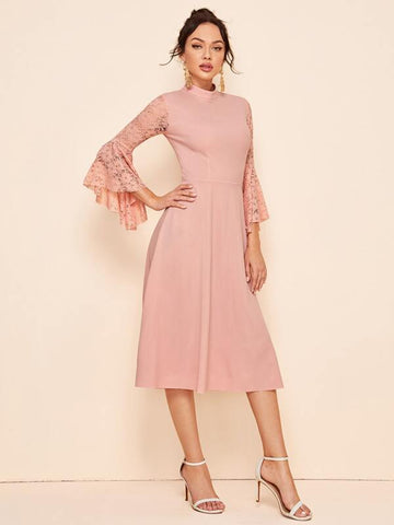 Mock-neck Lace Trumpet Sleeve Dress - takostyle