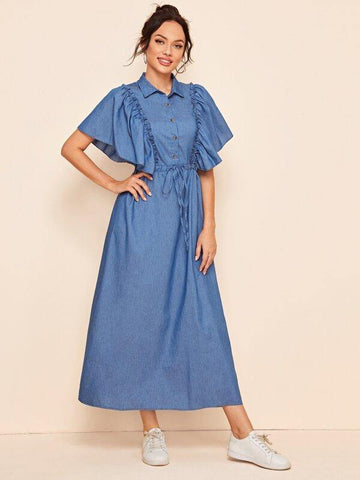 Drawstring Waist Butterfly Sleeve Shirt Dress - takostyle