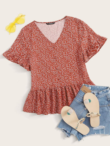 Allover Plants Print Flutter Sleeve Peplum Top - takostyle