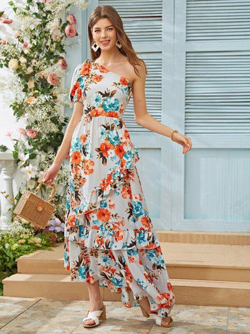 Tied One Sleeve Ruffle Hem Floral Print Dress - takostyle