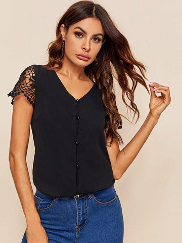 Buttoned Front Guipure Lace Sleeve Blouse - takostyle
