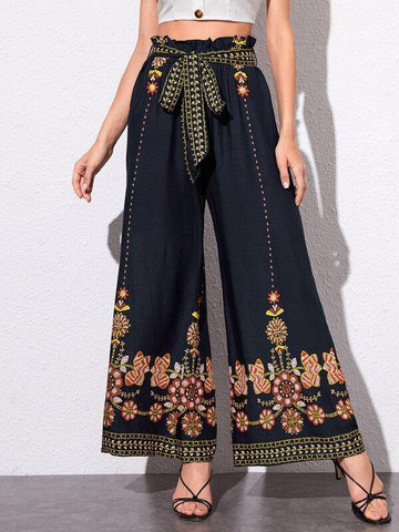 Paperbag Waist Floral Embroidery Wide Leg Pants - takostyle