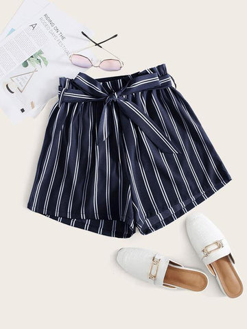 Vertical Stripe Belted Paperbag Shorts - takostyle