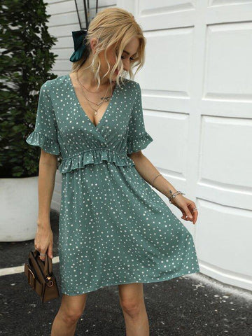 Polka Dot Frill Trim A-line Dress - takostyle