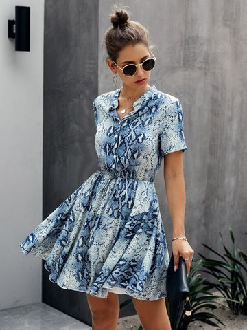 Snakeskin Drawstring Waist Shirt Dress