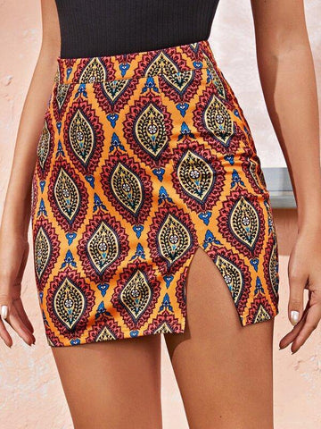 Split Hem Tribal Print Bodycon Skirt - takostyle