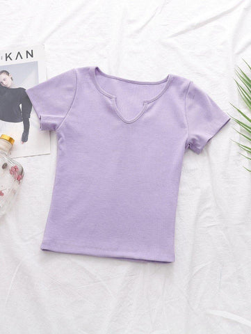 Notched Neck Solid Fitted Tee - takostyle