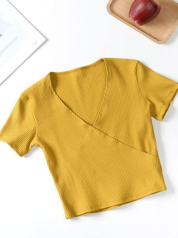 Surplice Front Rib-knit Solid Tee - takostyle