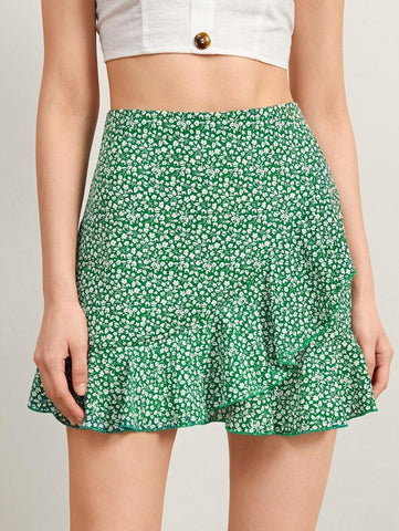 Ditsy Floral Print Ruffle Trim Mini Skirt - takostyle