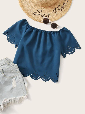 Laser Cut Out Bardot Blouse - takostyle