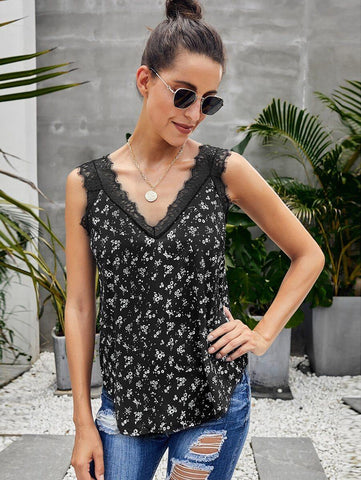Ditsy Floral Print Lace Panel Tank Top - takostyle