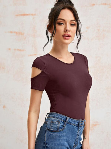 Cut Out Sleeve Solid Top - takostyle