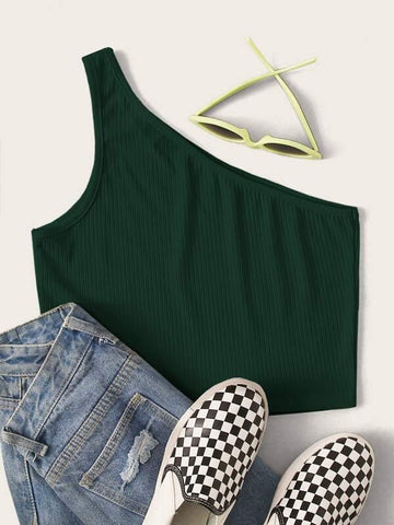 One Shoulder Solid Crop Top - takostyle