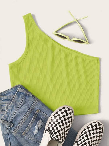 Neon Lime One Shoulder Solid Crop Top - takostyle