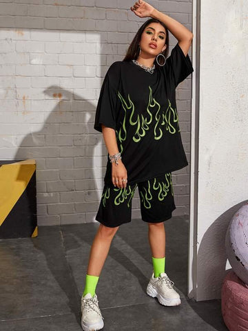 Drop Shoulder Fire Print Longline Tee - takostyle