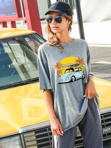 Space Dye Car Print Oversized Tee - takostyle