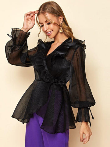 Layered Ruffle Trim Wrap Knotted Top - takostyle