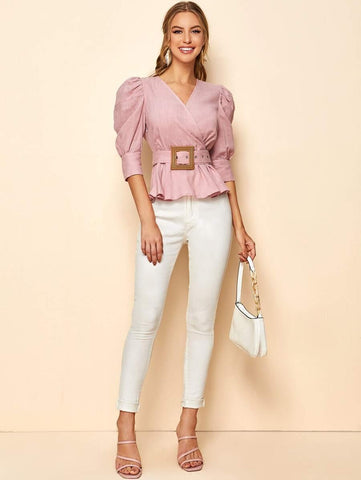Surplice Neck Lantern Sleeve Buckle Belted Top - takostyle