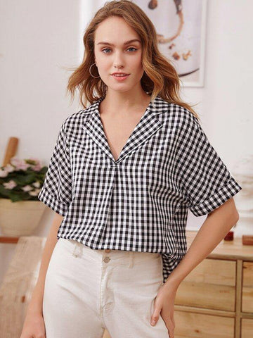 Notched Collar Button Back Gingham Top - takostyle