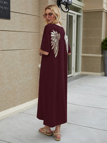 Contrast Sequin Wings Back Tee Dress
