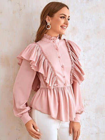 Button Front Frilled Neckline Peplum Blouse - takostyle