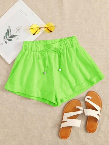 Neon Green Roll Up Hem Tie Waist Shorts - takostyle