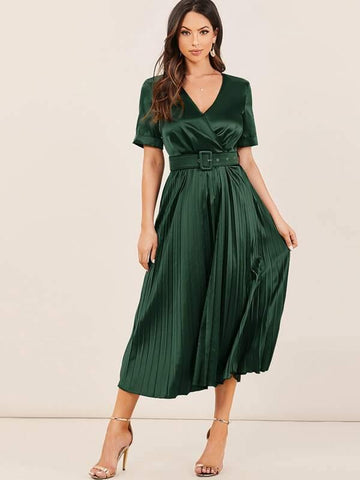 Surplice Neck Cuffed Sleeve Buckle Belted Pleated Satin Dress - takostyle