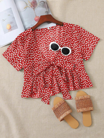 Ditsy Floral Print Tie Front Chiffon Top - takostyle