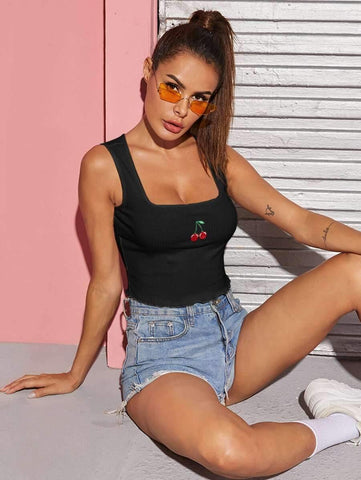 Lettuce Trim Rib-knit Cherry Embroidered Tank Top - takostyle