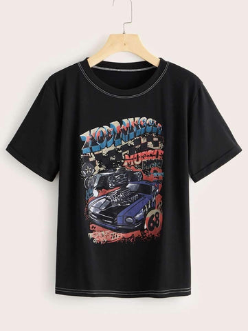 Letter & Car Graphic Tee - takostyle