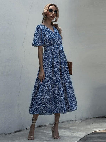 Ditsy Floral Knot Detail A-line Dress - takostyle