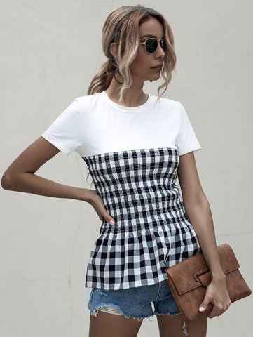Contrast Gingham Shirred Tee - takostyle