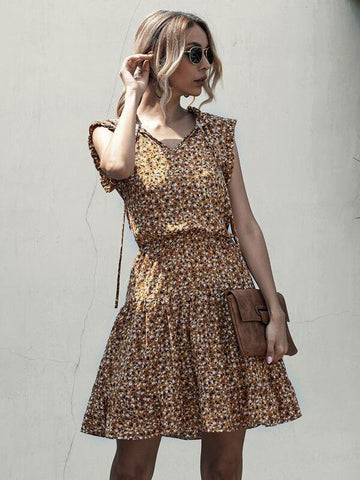 Ditsy Floral Tie Neck Dress - takostyle