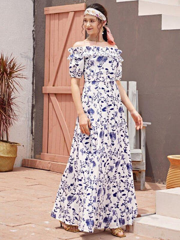 Allover Plants Frill Trim Maxi Bardot Dress - takostyle