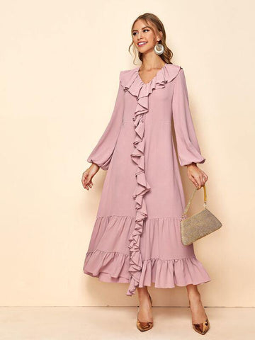 Lantern Sleeve Ruffle Trim Smock Dress - takostyle