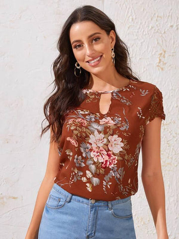 Keyhole Neck Guipure Lace Sleeve Botanical Print Top - takostyle